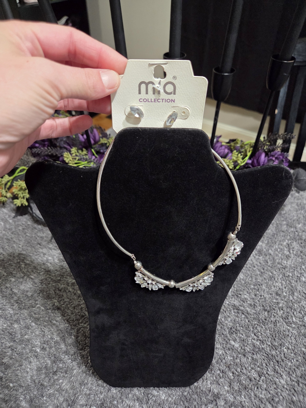 MIA Silver Floral Crystal Necklace with Matching Studs